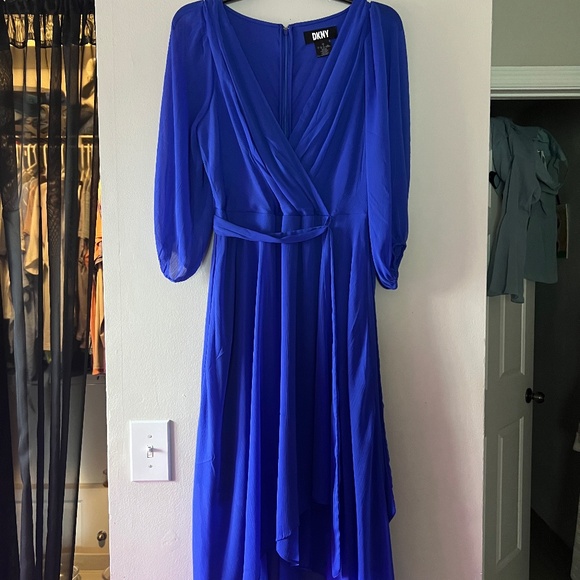 Royal Blue 3/4 sleeve Flowy Midi Dress DKNY V Neck - Picture 1 of 5